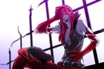  amamori_(raindrops) bad_id bad_pixiv_id belt carmine crossed_legs fur_collar hair_over_one_eye laughing male_focus open_mouth pants red_eyes red_hair sitting solo tattoo under_night_in-birth 