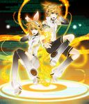  1girl absurdres aqua_eyes arm_warmers bad_id bad_pixiv_id bass_clef binary blonde_hair brother_and_sister detached_sleeves hair_ornament hair_ribbon hairclip headphones highres kagamine_len kagamine_len_(append) kagamine_rin kagamine_rin_(append) leg_warmers navel revision ribbon rico_(fbn3) short_hair shorts siblings treble_clef twins vocaloid vocaloid_append 