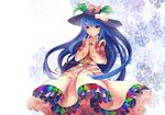  adapted_costume alternate_costume beads blue_hair bow dress food frills fruit gathers hat hat_bow hinanawi_tenshi leaf long_hair looking_at_viewer orange_eyes peach pping red_eyes smile solo steepled_fingers touhou very_long_hair 