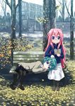  bad_id bad_pixiv_id bench blue_eyes book casual glasses green_hair highres isou_nagi iwasaki_minami lap_pillow leaf lucky_star multiple_girls pantyhose park pink_hair revision skirt takara_miyuki tree 