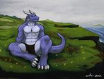  abs anthro beefy biceps big big_muscles buff claws clothed clothing dragon ear_piercing fangs glowing glowing_eyes grass half-dressed horn ihvon loincloth male muscles necklace pecs piercing pose purple_body purple_eyes scales scalie sitting solo toe_claws topless underwear wfa 