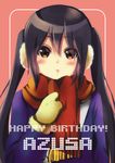  black_hair brown_eyes gouda_nagi happy_birthday highres k-on! long_hair mittens nakano_azusa scarf solo twintails 