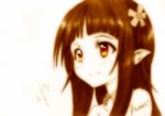  bare_shoulders blush closed_mouth flower godees graphite_(medium) hair_flower hair_ornament long_hair looking_away monochrome pointy_ears portrait sepia signature smile solo sword_art_online traditional_media yui_(sao) yui_(sao-alo) 