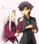  1girl black_eyes black_hair cigarette couple emiya_kiritsugu facial_hair fate/zero fate_(series) food hanjuku_tomato hetero husband_and_wife irisviel_von_einzbern long_hair pocky pocky_day stubble white_hair 