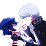  1girl bad_id bad_pixiv_id blue_eyes blue_hair cabbie_hat food grey_eyes grey_hair hat jacket machinosuke narukami_yuu persona persona_4 pocky pocky_kiss school_uniform shared_food shirogane_naoto short_hair 