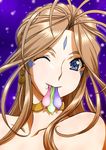  aa_megami-sama antenna_hair bare_shoulders belldandy blonde_hair blue_eyes close-up collar condom condom_in_mouth cum cum_in_mouth earrings facial_mark highres jewelry joy_division long_hair looking_at_viewer mouth_hold one_eye_closed smile solo used_condom 