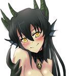 1girl black_hair breasts cleavage dragon dragon_girl mamono_girl_lover monster_girl monster_girl_encyclopedia scales simple_background smile solo white_background wizard898 wyrm_(mamono_girl_lover) wyrm_(monster_girl_encyclopedia) yellow_eyes 