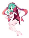 arm_ribbon bare_legs barefoot bow front_ponytail full_body green_hair hair_bow hair_ribbon highres kagiyama_hina long_hair looking_at_viewer lying nechio open_mouth ribbon short_sleeves simple_background solo touhou white_background 