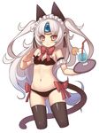  animal_ears ass_visible_through_thighs bikini black_bikini black_legwear blush bow bow_bikini cat_ears cat_tail cropped_legs cup drink drinking_straw elsword eve_(elsword) groin highres kemonomimi_mode long_hair looking_at_viewer maid_headdress navel simple_background smile solo swimsuit tail thighhighs tray tropical_drink tsliuyixin twintails very_long_hair white_background white_hair yellow_eyes 