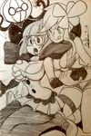  :q alex_ahad blush breast_grab flower fuuro_(pokemon) glasses grabbing grabbing_from_behind gym_leader hair_flower hair_ornament kneeling miniskirt monochrome multiple_girls pantyhose pleated_skirt pokemon pokemon_(game) pokemon_bw shikimi_(pokemon) sketch skirt thigh_strap tongue tongue_out traditional_media yuri 