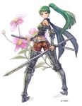  armor docoi fantasy green_hair long_hair original ponytail revision solo sword weapon 