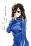  blue_eyes breasts brown_hair glasses highres large_breasts original ribbed_sweater solo sweater tokita_monta 