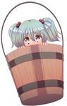  bad_id bad_pixiv_id blush braid bucket cream_(nipakupa) green_hair grey_eyes hair_bobbles hair_ornament in_bucket in_container kisume looking_at_viewer simple_background solo touhou twin_braids twintails white_background wooden_bucket 