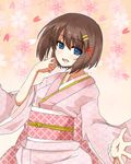  blue_eyes blush brown_hair hair_ornament highres japanese_clothes kimono kuchibiru_(0023) looking_at_viewer lyrical_nanoha open_mouth short_hair solo x_hair_ornament yagami_hayate 