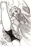  alex_ahad bike_shorts high_kick jacket kicking monochrome persona persona_4 satonaka_chie sketch skirt solo tomoe_(persona_4) track_jacket traditional_media upskirt 