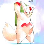  anthro balls big_penis black_eyes blush chubby erection fur kemono looking_at_viewer male markings nintendo open_mouth penis pok&#233;mon pok&#233;morph pok&eacute;mon raised_hands red_markings shower solo surprise towel video_games vu06 wet white_fur zangoose 