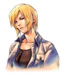  aya_brea blonde_hair blue_eyes head_tilt jacket official_art open_clothes open_jacket parasite_eve parasite_eve_ii short_hair solo upper_body zipper 