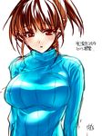  blush breasts brown_hair large_breasts original ponytail ribbed_sweater solo sweater tokita_monta 