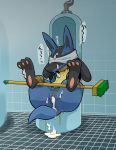  2017 anthro bathroom bdsm blindfold bound broom canid canine chest_spike cum cum_in_pussy cum_inside cum_on_ground cum_on_tail female japanese_text kageyama leaking lucario mammal nintendo pok&eacute;mon pok&eacute;mon_(species) public_use pussy simple_background solo spread_legs spreading tape text translated urinal urine video_games 