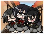  ^_^ black_hair blush bow closed_eyes eyebrows fang glasses hair_up long_hair mikazuki_aoi multiple_girls oono_mayu open_mouth pixiv_azriel red_eyes short_hair skirt smile yanagi_(nurikoboshi) yumeshima_kanata 