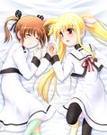  bed black_legwear blonde_hair blush brown_hair closed_eyes dress fate_testarossa hair_ribbon long_hair long_sleeves lying lyrical_nanoha mahou_shoujo_lyrical_nanoha mahou_shoujo_lyrical_nanoha_a's multiple_girls open_mouth pantyhose red_eyes red_ribbon ribbon school_uniform seishou_elementary_school_uniform short_twintails smile socks sumeragi_kou takamachi_nanoha twintails very_long_hair white_dress 