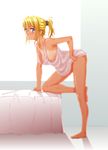  blonde_hair blue_eyes blush breasts highres kesuida medium_breasts naked_shirt nipples original shirt solo tan tanline 