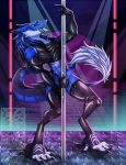  anthro armwear blackwolf275 blue_fur clothed clothing dancing disciplewinter elbow_gloves fur gloves legwear looking_at_viewer male muscular penis pole pole_dancing rubber sergal solo stockings strip_club 