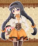  akemi_homura bad_id bad_pixiv_id black_hair blue_eyes braid charlotte_(madoka_magica) cosplay glasses hair_bobbles hair_ornament hairband mahou_shoujo_madoka_magica red-framed_eyewear skirt smile striped striped_legwear thighhighs tomoe_mami tomoe_mami_(cosplay) twin_braids vertical-striped_legwear vertical_stripes yuiyuimoe 