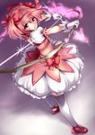  aldehyde bad_id bad_pixiv_id blurry blush bow bow_(weapon) bubble_skirt dress gloves hair_bow hair_ribbon holding kaname_madoka magical_girl mahou_shoujo_madoka_magica pink_hair red_eyes ribbon skirt solo standing thighhighs twintails weapon white_legwear 