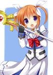  :d blush bow fingerless_gloves gloves hair_ribbon holding kue lyrical_nanoha magazine_(weapon) magical_girl mahou_shoujo_lyrical_nanoha open_mouth purple_eyes raising_heart red_bow red_hair ribbon smile solo staff takamachi_nanoha twintails 