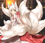  animal_ears blush detached_sleeves fox_ears fox_tail japanese_clothes kyougoku_touya miko multiple_tails original solo tail white_hair yellow_eyes 