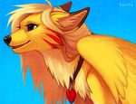  &lt;/3 &lt;3 blonde_hair blue_background blue_eyes canine coyote dog falvie female fur hair lucky mammal necklace plain_background solo unknown_species wings yellow_fur 