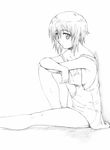  breasts greyscale kesuida medium_breasts monochrome no_bra original short_hair sitting solo 