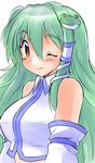  bare_shoulders breasts frog_hair_ornament gomamiso_(gomamiso_sp) green_hair hair_ornament highres kochiya_sanae large_breasts long_hair one_eye_closed smile solo touhou white_background yellow_eyes 