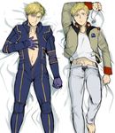  belly_peek blonde_hair blue_eyes dakimakura dual_persona gundam gundam_unicorn hand_on_own_chest jacket lying male_focus military military_uniform multiple_views on_back open_clothes open_fly pants pilot_suit riddhe_marcenas tori_(driftwood) uniform unzipped 