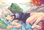  :p bag barefoot blue_eyes blue_hair feet hands hat kawashiro_nitori lying on_back one-piece_swimsuit revision river school_swimsuit short_hair solo swimsuit tongue tongue_out touhou yuu_(kfc) 