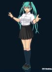  2011 black_background bracelet green_eyes green_hair hair_ribbon hatsune_miku highres jewelry kneehighs long_hair nail_polish open_mouth renking ribbon simple_background skirt solo twintails vocaloid 