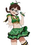  :d akizuki_ritsuko bow braid brown_eyes brown_hair glasses hair_bow hair_ornament idolmaster idolmaster_(classic) idolmaster_cinderella_girls microphone midriff monsterx navel open_mouth outstretched_hand skirt smile solo transparent_background twin_braids 