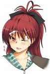  1girl bad_id bad_pixiv_id blush bow collarbone cum cum_in_mouth cum_string facial hair_bow hetero kamata_yuuya mahou_shoujo_madoka_magica one_eye_closed partially_colored penis ponytail red_eyes red_hair revision sakura_kyouko tears tongue upper_body wince 