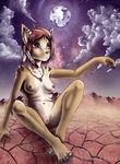  anthro breasts brown_fur brown_hair cat desert feather feline female full_moon fur green_eyes hair hindpaw locopelli mammal moon necklace night nude paws plantigrade pussy red_hair sitting solo toes tribal 