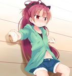  anpan baozi blush denim denim_shorts food hair_ribbon hood hoodie jacket kanikama long_hair looking_away mahou_shoujo_madoka_magica navel ponytail red_eyes red_hair ribbon sakura_kyouko sharing_food short_shorts shorts sitting solo very_long_hair 