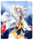  absurdres crescent facial_mark forehead_mark fur highres inuyasha japanese_clothes linjie long_hair male_focus pointy_ears sesshoumaru solo sword weapon white_hair yellow_eyes 
