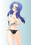  :&lt; areola_slip areolae armpits arrester_blanket ass back bikini black_bikini blue_hair blush breasts butt_crack covered_nipples cowboy_shot detached_sleeves dimples_of_venus embarrassed fight_ippatsu!_juuden-chan!! floating_hair from_behind frown glasses gradient gradient_background hairband hand_on_hip kesuida large_breasts long_hair looking_at_viewer looking_back lowleg semi-rimless_eyewear sideboob skindentation slingshot_swimsuit solo standing swimsuit under-rim_eyewear wide_hips yellow_eyes 