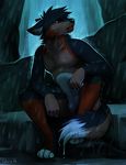  anthro black_nose blue_fur blue_hair canine darkness falvie fur hair hindpaw lonely male mammal multi-colored_body nude orange_eyes orange_markings outside paws pose raining rock sitting sky solo toes white_markings wolf 