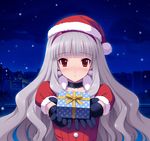  black_gloves blush choker christmas cygnus_(cygnus7) earrings elbow_gloves gift gloves hairband hat highres holding holding_gift idolmaster idolmaster_(classic) jewelry long_hair night purple_hairband red_eyes revision santa_costume santa_hat shijou_takane silver_hair snow solo star star_print 