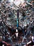  absurdres arm_cannon belt bikini_top black_hair black_rock_shooter black_rock_shooter_(character) blue_eyes boots burning_eye chain coat flat_chest glowing glowing_eye highres jacket long_hair midriff navel revision scar shino_(eefy) shorts solo twintails uneven_twintails weapon 