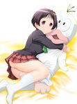  black_hair blush chuunibyou_demo_koi_ga_shitai! hug looking_at_viewer lying obake_no_q-tarou on_side panties pink_eyes q-tarou school_uniform short_hair skirt socks solo stuffed_animal stuffed_toy tsuyuri_kumin ueyama_michirou underwear white_panties 