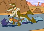  anal anal_penetration avian bound canine choking coyote cum cum_inside feathers fur gay looney_tunes male on_back penetration roadrunner_(looney_tunes) warner_brothers wile_e._coyote wings 
