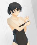  amagami black_eyes black_hair breasts cleavage competition_swimsuit locker locker_room medium_breasts one-piece_swimsuit one-piece_tan short_ponytail solo swimsuit tan tanline toki_(tokihakashi) tsukahara_hibiki undressing upper_body 