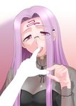  blush breasts casual cleavage fate/stay_night fate_(series) finger_sucking glasses long_hair medium_breasts pov purple_eyes purple_hair revision rider saliva saliva_trail see-through simple_background siseru_samurai solo_focus teeth tongue 